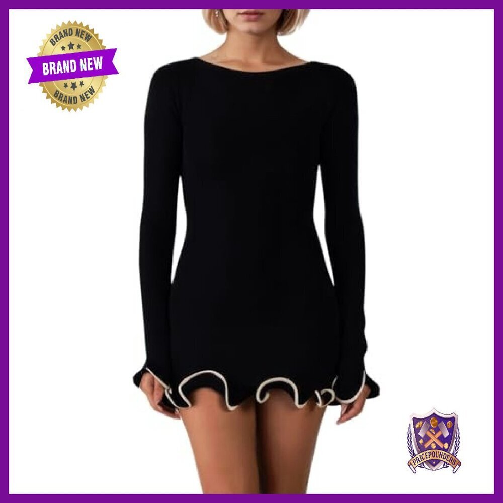 Long Sleeve Ruffle Hem Knit Mini Dress Bodycon Fall Winter - Picture 2 of 8